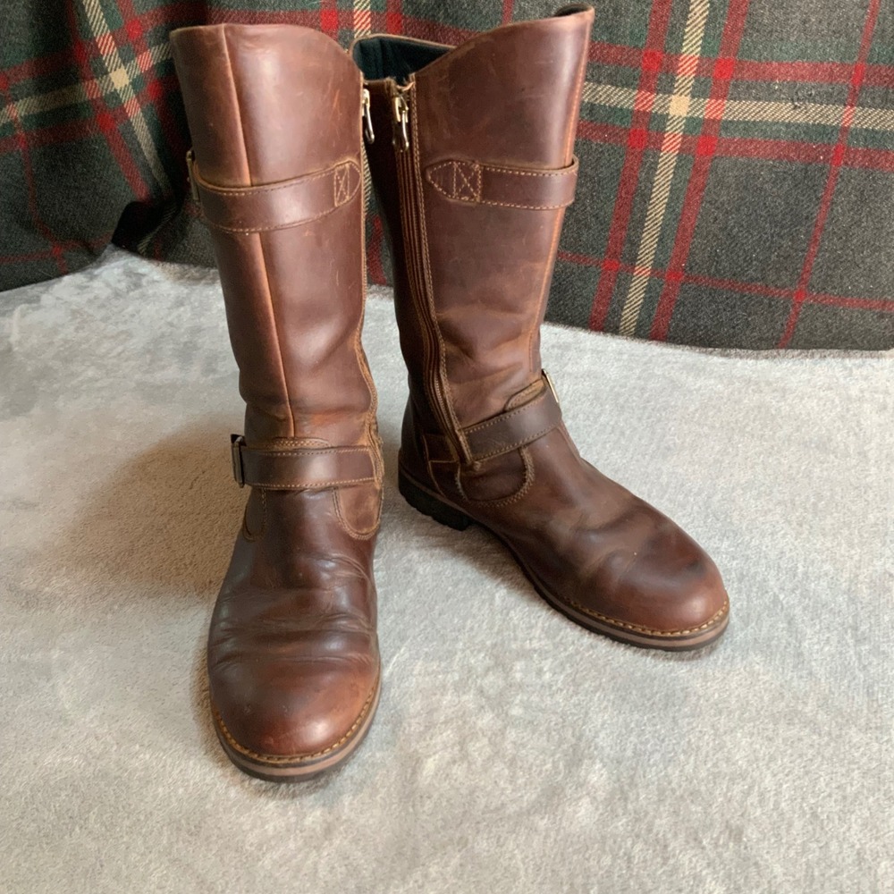 Patagonia Thatcher Brown Leather Moto Engineer Boots Vibram Sole Womens 8 T11598